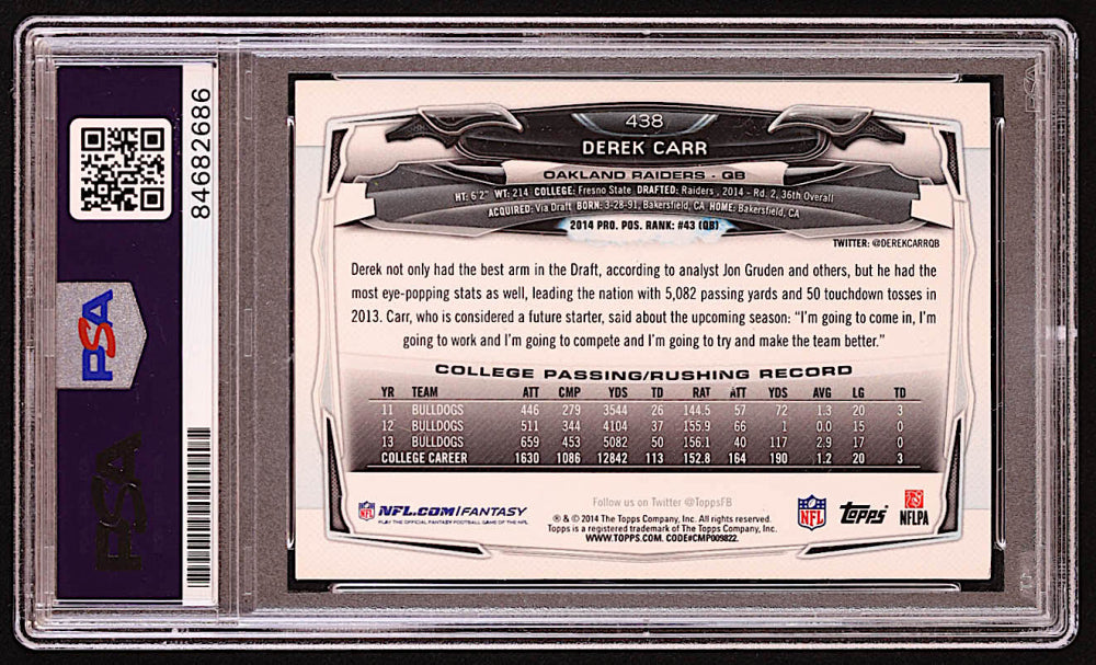 Derek Carr Signed 2014 Topps #438A RC (PSA | Auto Grade 10) - Rookie Card