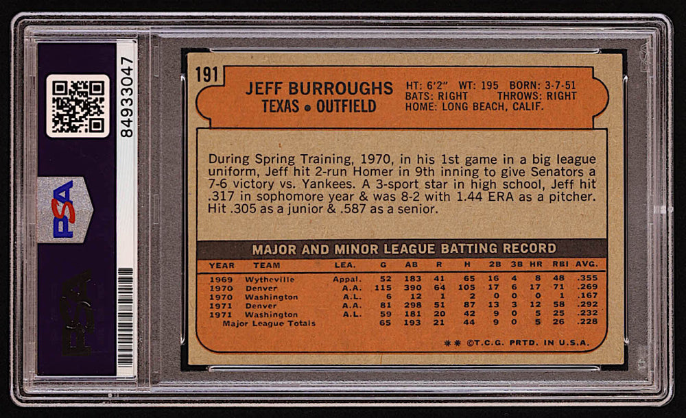 Jeff Burroughs Signed 1972 Topps #191 RC Inscribed "74 AL MVP" (PSA) - Rookie Card