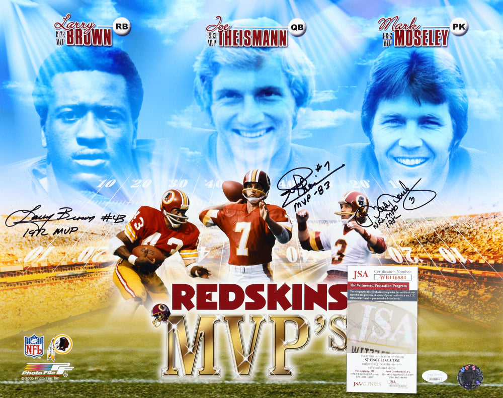 Joe Theismann, Larry Brown & Mark Moseley Signed (JSA) Redskins 16x20 Photo - JSA Witnessed