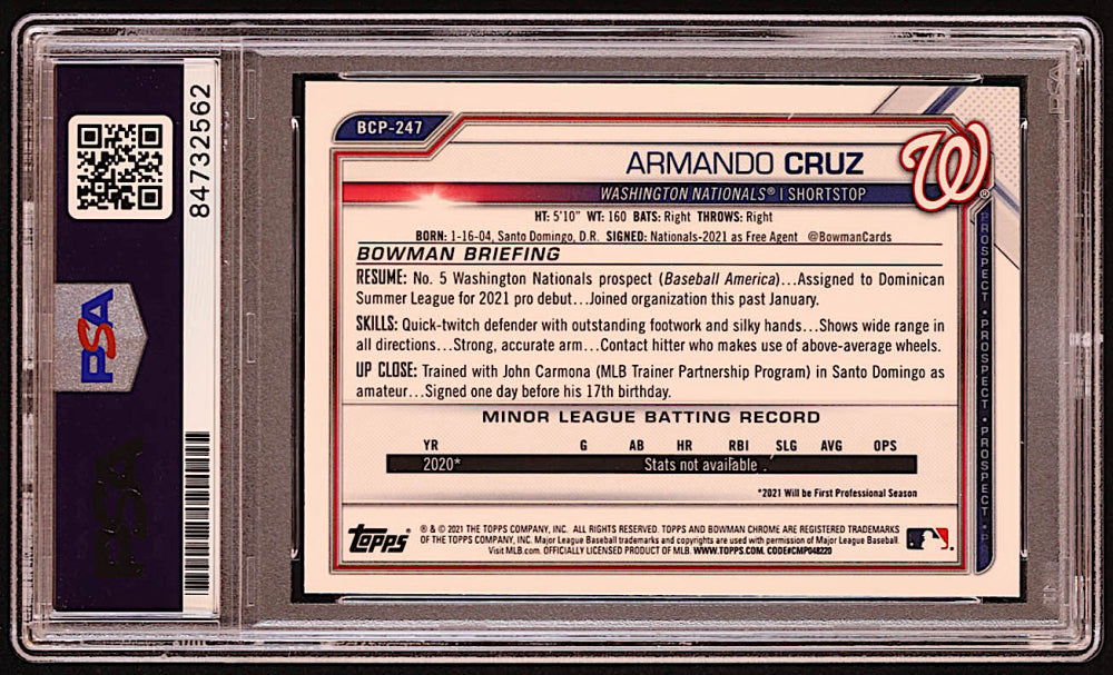 Armando Cruz Signed 2021 Bowman Chrome Mega Box Prospects Refractors #BCP247 RC (PSA) - Rookie Card