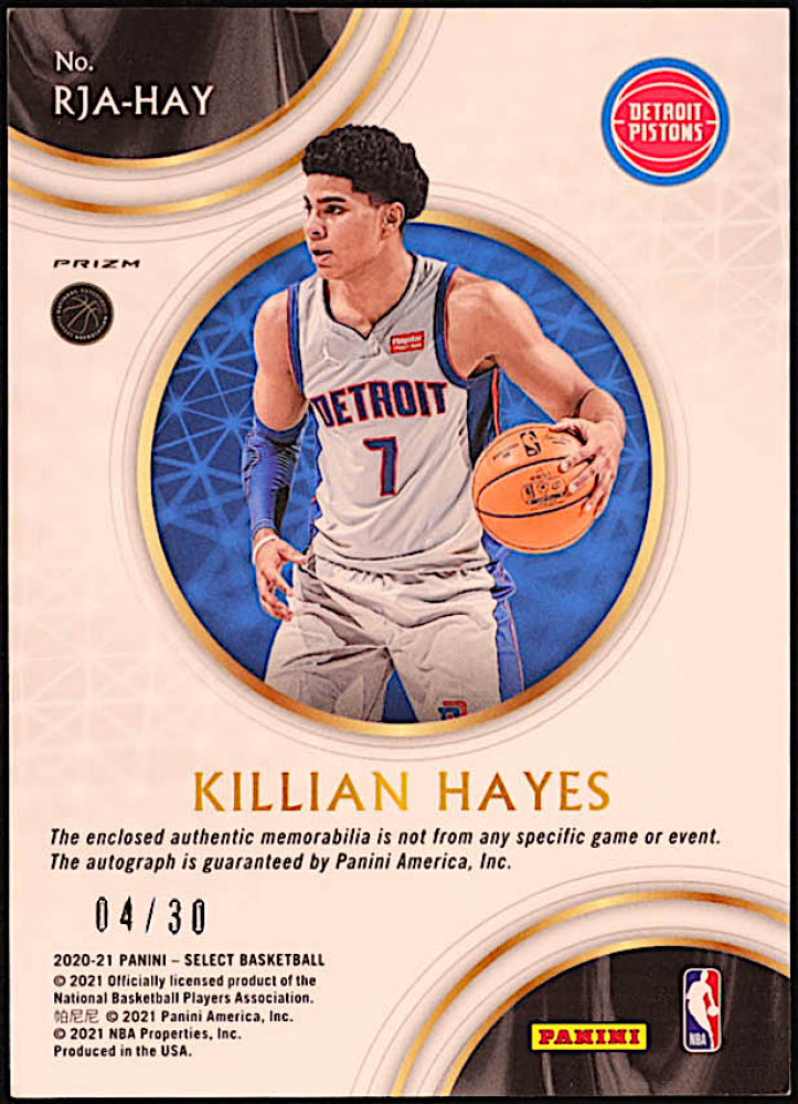 Killian Hayes 2020-21 Select Rookie Jersey Autographs Prizms Neon Orange Pulsar #4 #04/30 RC  -  Rookie Card | Serially Numbered #04 / 30