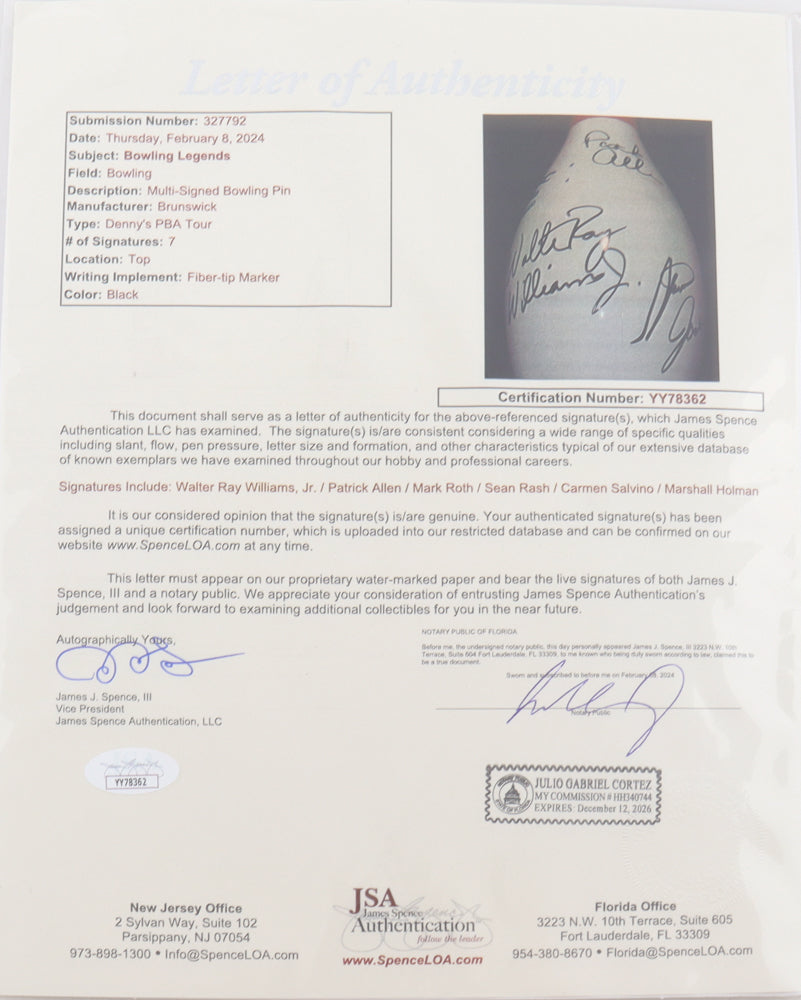 "Bowling Legends" Denny's PBA Tour Bowling Pin Signed By (7) Walter Ray Williams Jr., Patrick Allen, Mark Roth, Sean Rash (JSA)