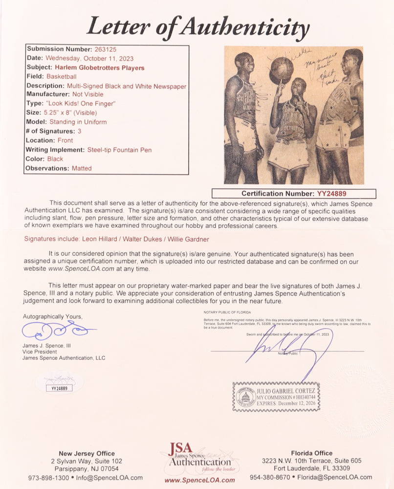 Leon Hillard, Walter Dukes & Willie Gardner Signed Harlem Globetrotters Custom Matted Cut (JSA)