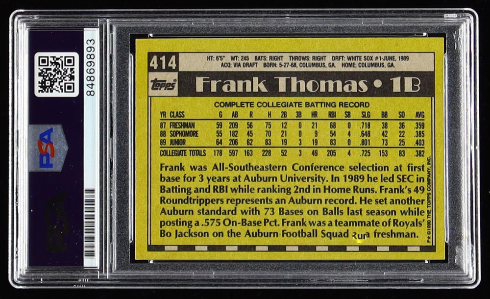 Frank Thomas Signed 1990 Topps #414 RC (PSA - Auto 10) - Rookie Card