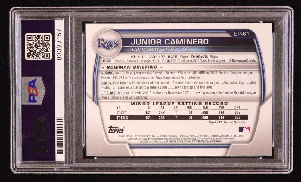 Junior Caminero Signed 2023 Bowman Prospects #BP61 RC (PSA) - Rookie Card