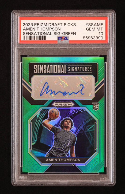 Amen Thompson 2023-24 Panini Prizm Draft Picks Sensational Signatures Prizms Green #27 RC (PSA 10) - Rookie Card