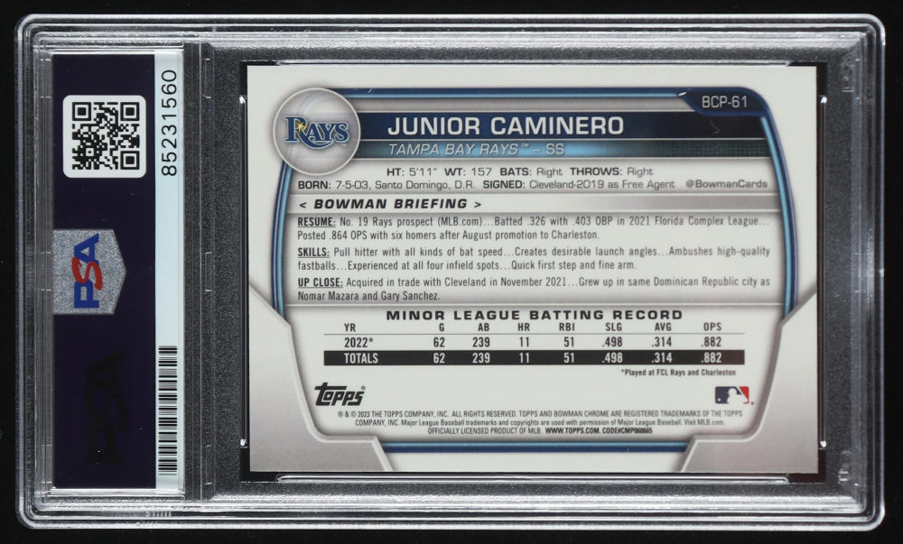 Junior Caminero Signed 2023 Bowman Chrome Prospects #BCP61 RC (PSA | Autograph Grade 10) - Rookie Card