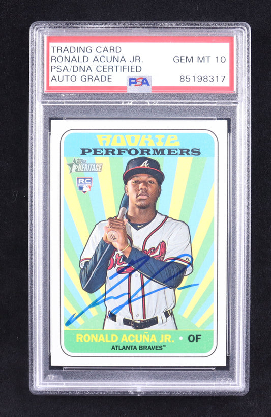 Ronald Acuna Jr. Signed 2018 Topps Heritage Rookie Performers #RPRA RC (PSA | Auto 10) Rookie Card