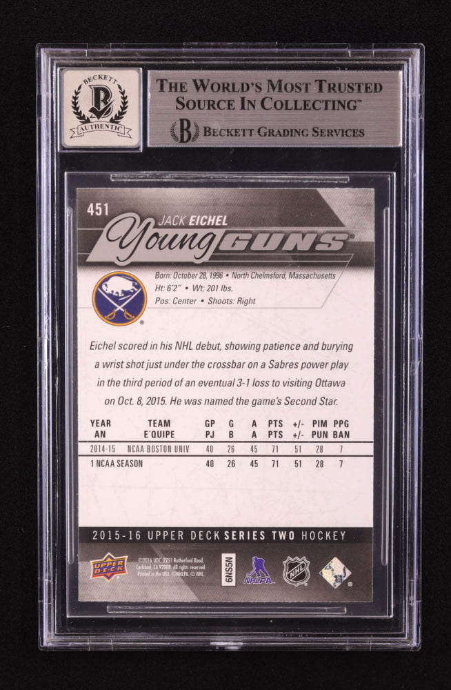 Jack Eichel Signed 2015-16 Upper Deck #451 YG RC (BGS | Autograph Graded BGS 10) - Rookie Card