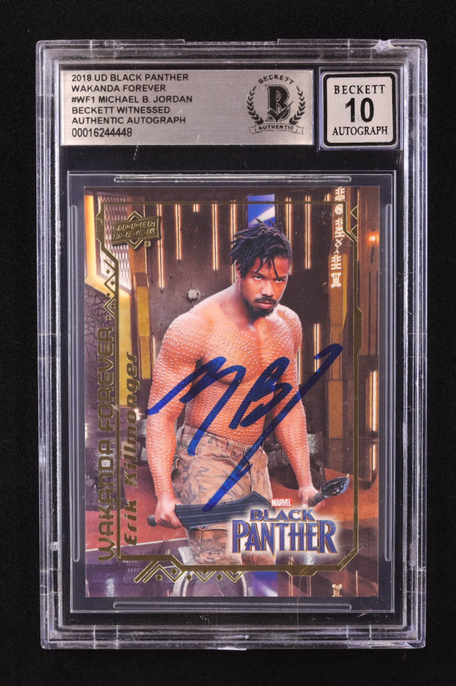 Michael B. Jordan Signed 2018 Upper Deck Black Panther Wakanda Forever #WF1 Erik Killmonger (BGS | Auto 10) Beckett Witnessed