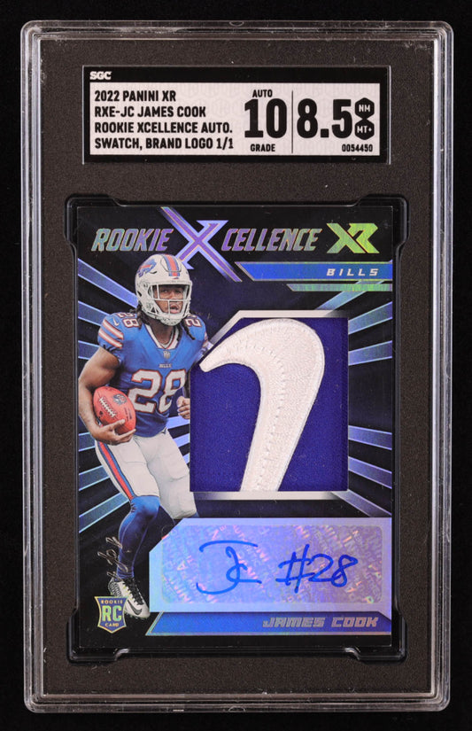 James Cook 2022 Panini XR Rookie Xcellence Autograph Swatches Brand Logo #15 #1/1 RC (SGC 8.5 | Auto 10) - Rookie Card | Serially Numbered #1 / 1