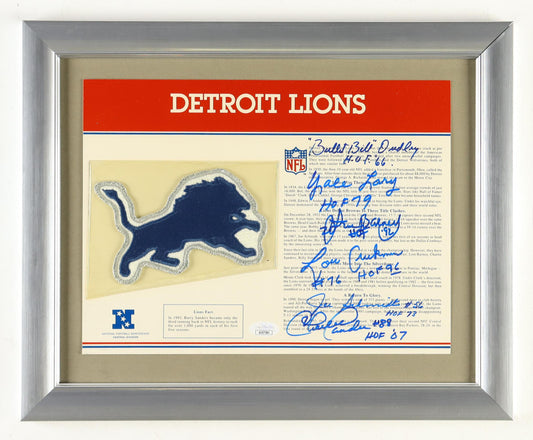 Lions HOFers Custom Framed Uniform Patch Card Signed by (6) with Bill Dudley, Yale Lary, Lem Barney, Lou Creekmur with Induction Year Inscriptions (JSA)