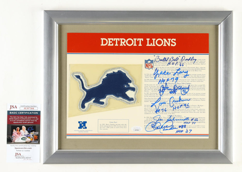 Lions HOFers Custom Framed Uniform Patch Card Signed by (6) with Bill Dudley, Yale Lary, Lem Barney, Lou Creekmur with Induction Year Inscriptions (JSA)