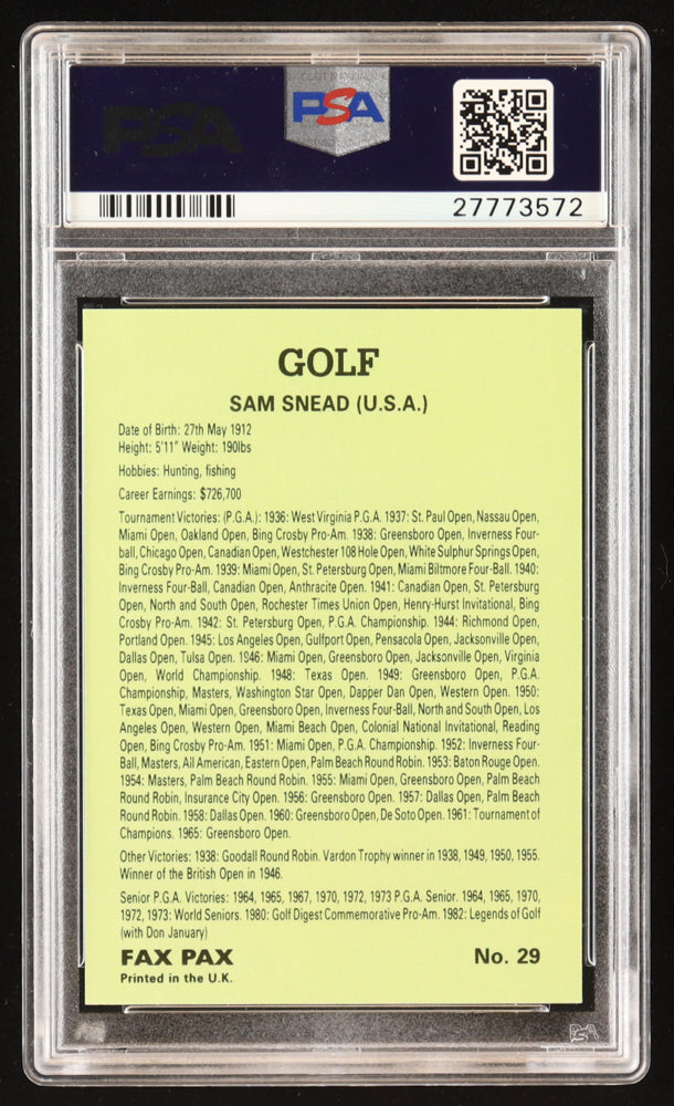 Sam Snead Signed 1993 Fax Pax Famous Golfers #29 (PSA | Autograph Graded PSA 9)