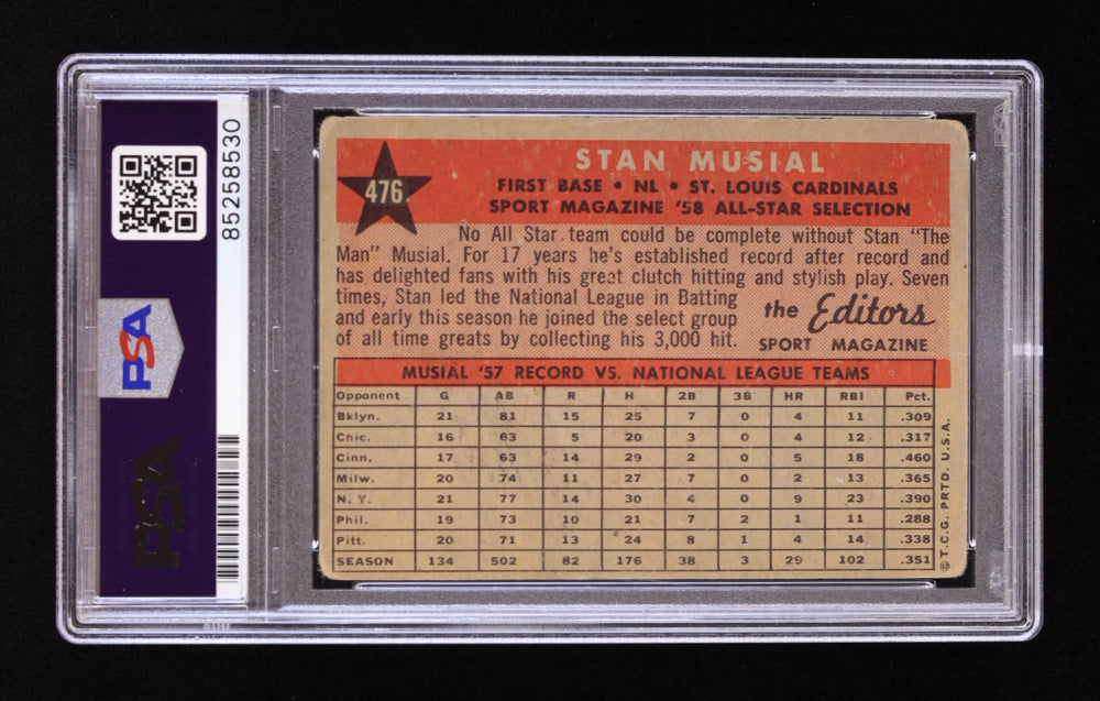 Stan Musial Signed 1958 Topps #476 AS TP (PSA | Autograph Grade 10)