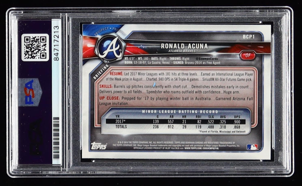 Ronald Acuna Jr. Signed 2018 Bowman Chrome Prospects #BCP1 RC (PSA | Autograph Graded PSA 10) - Rookie Card