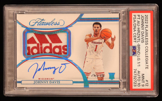 Johnny Davis 2022-23 Panini Flawless Collegiate Horizontal Patch Autographs Brand Logo #12 RC #1/1 (PSA 9 | Autograph Grade 10) Rookie Card | Serially Numbered #1 / 1