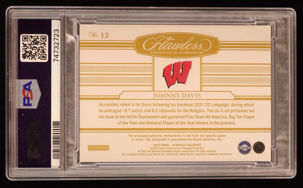 Johnny Davis 2022-23 Panini Flawless Collegiate Horizontal Patch Autographs Brand Logo #12 RC #1/1 (PSA 9 | Autograph Grade 10) Rookie Card | Serially Numbered #1 / 1