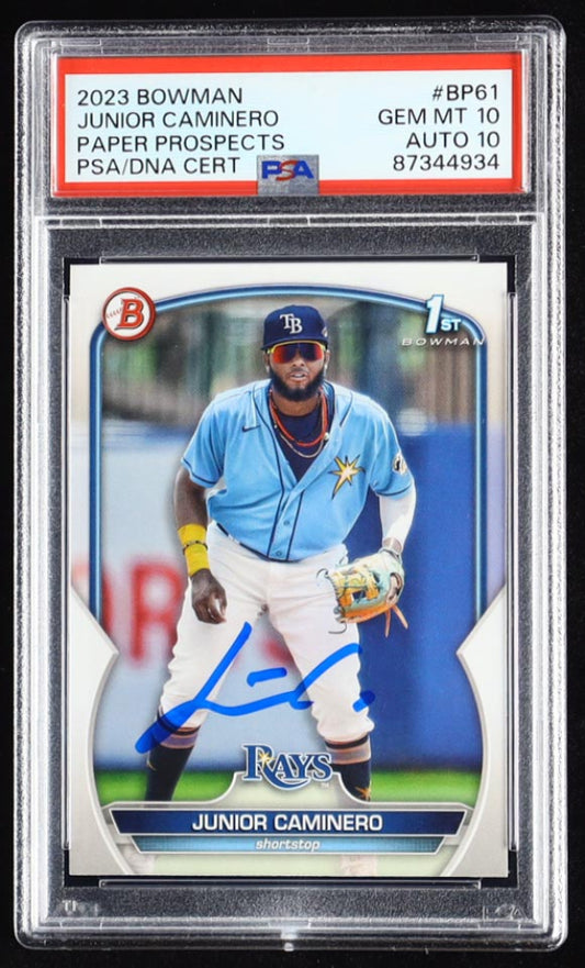 Junior Caminero Signed 2023 Bowman Prospects #BP61 RC (PSA 10 | Autograph Grade 10) - Rookie Card