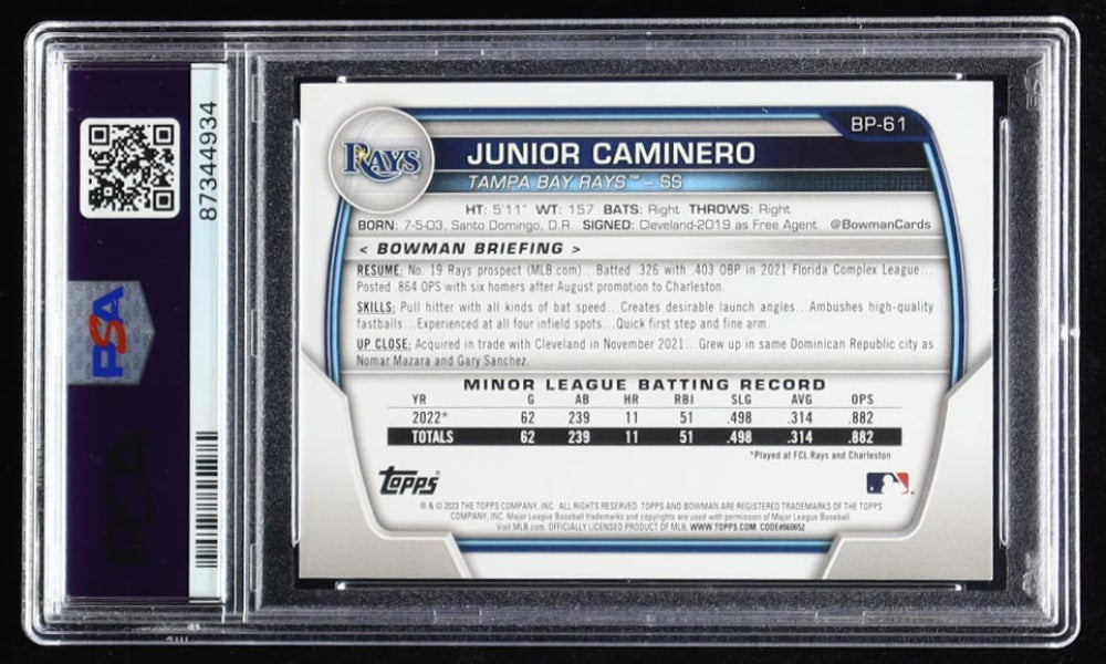 Junior Caminero Signed 2023 Bowman Prospects #BP61 RC (PSA 10 | Autograph Grade 10) - Rookie Card