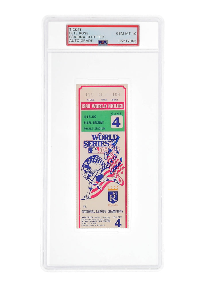 Pete Rose Signed 1980 World Series Original Game 4 Ticket Stub Inscribed "3x W.S. Champ" (PSA | Auto 10)