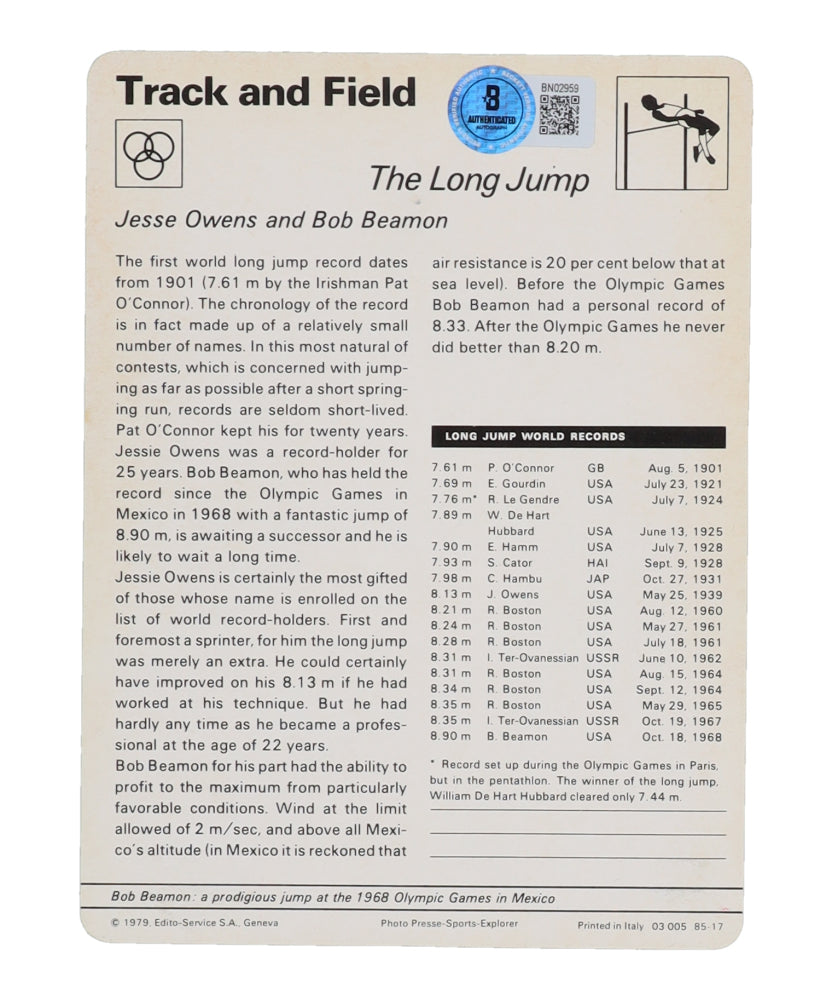 Bob Beamon Signed (Beckett) 1979 Sportscaster Track and Field Inscribed "29 2 1/2" & "HOF 83" (Beckett) Olympic Gold Medalist