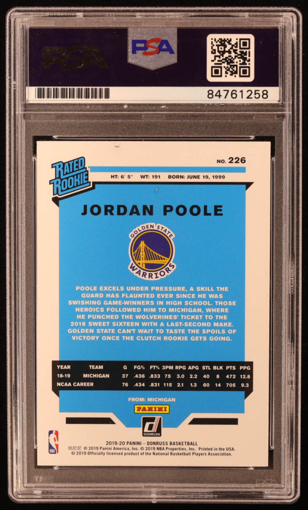 Jordan Poole Signed 2019-20 Donruss #226 RR RC (PSA | Autograph Graded PSA 10) - Rookie Card