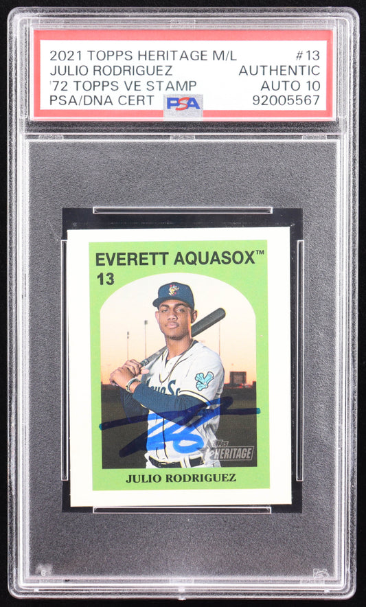Julio Rodriguez Signed 2021 Topps Heritage Minors '72 Topps Venezuelan Stamp #72TVS13 RC (PSA Authentic - Auto 10) - Rookie Card