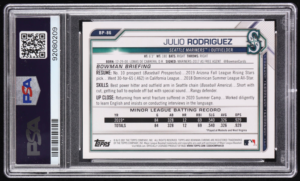 Julio Rodriguez Signed 2021 Bowman Prospects #BP86 RC (PSA 10 | Autograph Graded PSA 10) Rookie Card