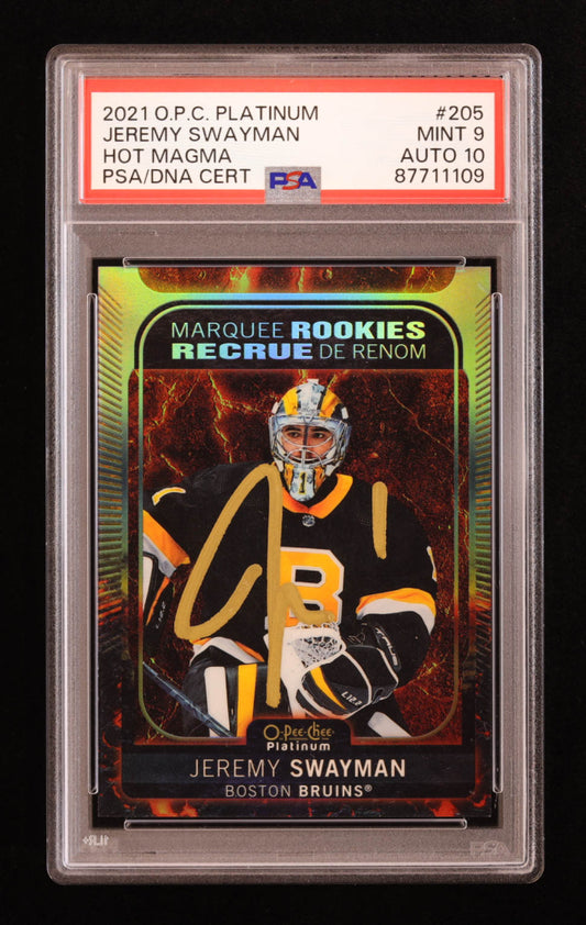 Jeremy Swayman Signed 2021-22 O-Pee-Chee Platinum Hot Magma #205 RC #267/499 (PSA 9 | Autograph Grade 10) Rookie Card | Serially Numbered #267 / 499