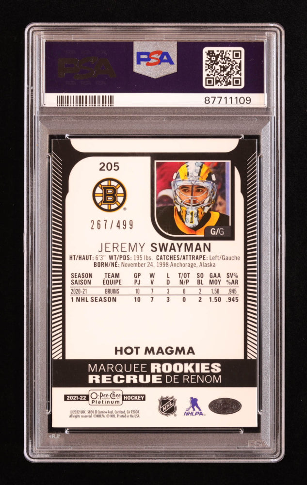 Jeremy Swayman Signed 2021-22 O-Pee-Chee Platinum Hot Magma #205 RC #267/499 (PSA 9 | Autograph Grade 10) Rookie Card | Serially Numbered #267 / 499