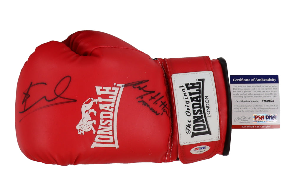 Joe Calzaghe & Ricky Hatton Signed (PSA) Boxing Glove Inscribed "Hitman"