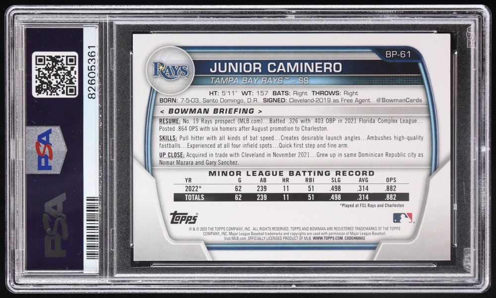 Junior Caminero Signed 2023 Bowman Prospects #BP61 RC (PSA 9 | Autograph Graded PSA 10) - Rookie Card