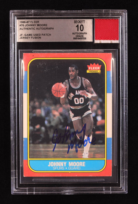 Johnny Moore Signed 1986-87 Fleer #76 with Game Used Jersey Patch (BGS | Autograph Grade 10)