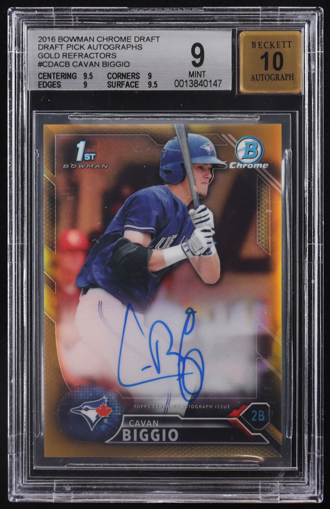 Cavan Biggio 2016 Bowman Chrome Draft Draft Pick Autographs Gold Refractors #CDACB #39/50 RC (BGS 9 | Auto 10) Rookie Card | Serially Numbered #39 / 50