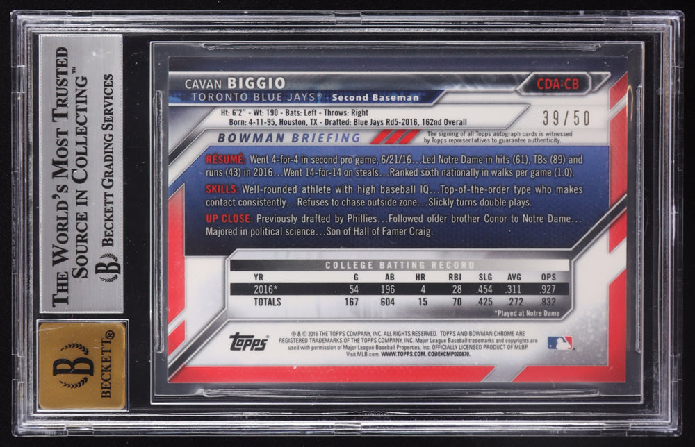 Cavan Biggio 2016 Bowman Chrome Draft Draft Pick Autographs Gold Refractors #CDACB #39/50 RC (BGS 9 | Auto 10) Rookie Card | Serially Numbered #39 / 50