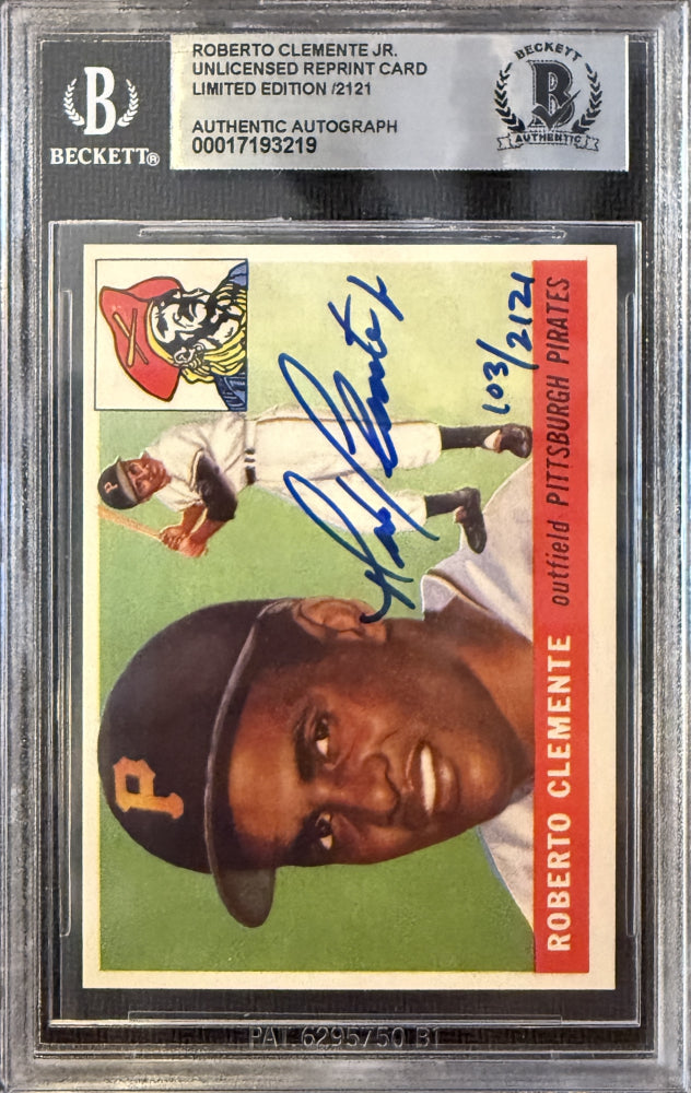 Roberto Clemente Jr. Signed LE 1955 Topps Roberto Clemente Reprint RC #164 "Spanish Back" (BGS) Limited Edition # / 2121