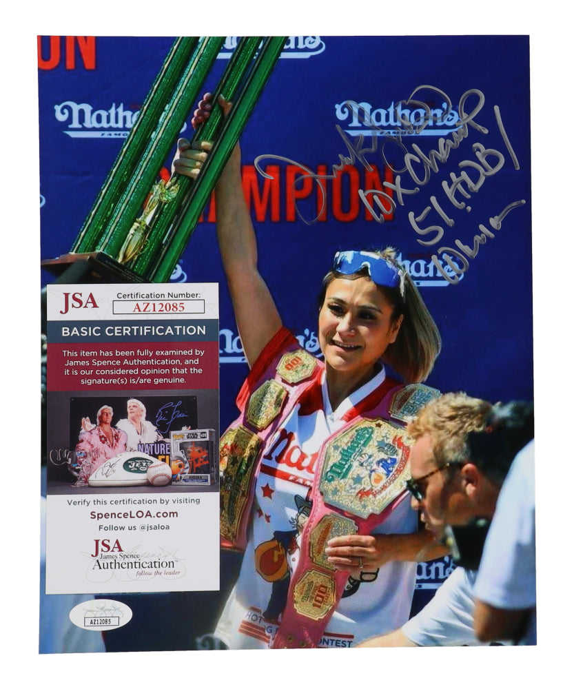 Miki Sudo Signed (JSA) 8x10 Photo Inscribed "10x Champ" & "51 HDB/10 Min" - Nathan's Hot Dog Eating Contest 2022