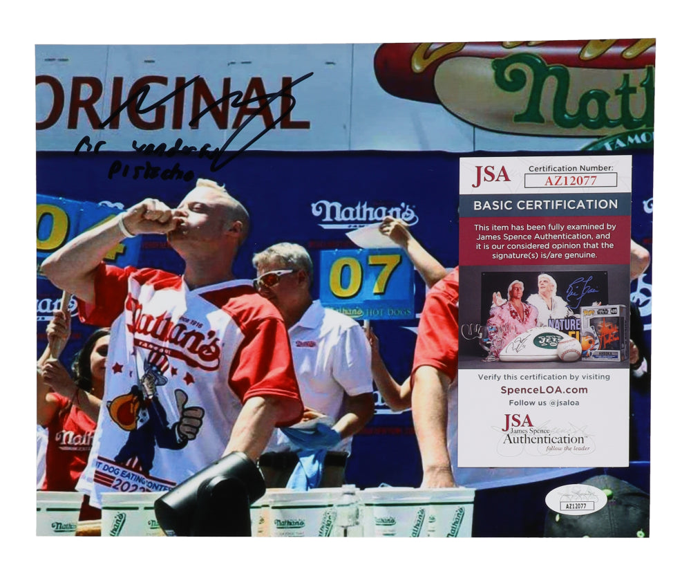 Nick Wehry Signed (JSA) 8x10 Photo Inscribed "Mr. Wonderful Pistachio" - Nathan's Hot Dog Eating Contest 2022