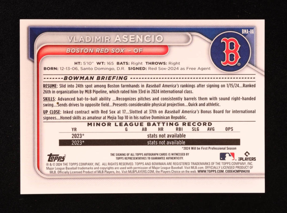 Vladimir Asencio 2024 Bowman Chrome Mega Box Autographs Orange #BMAVA RC #05/25 Rookie Card | Serially Numbered #05 / 25