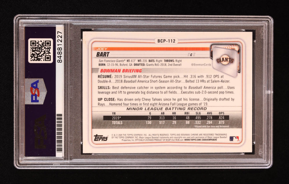 Joey Bart Signed 2020 Bowman Chrome Prospects #BCP112 RC (PSA | Auto 10) Rookie Card