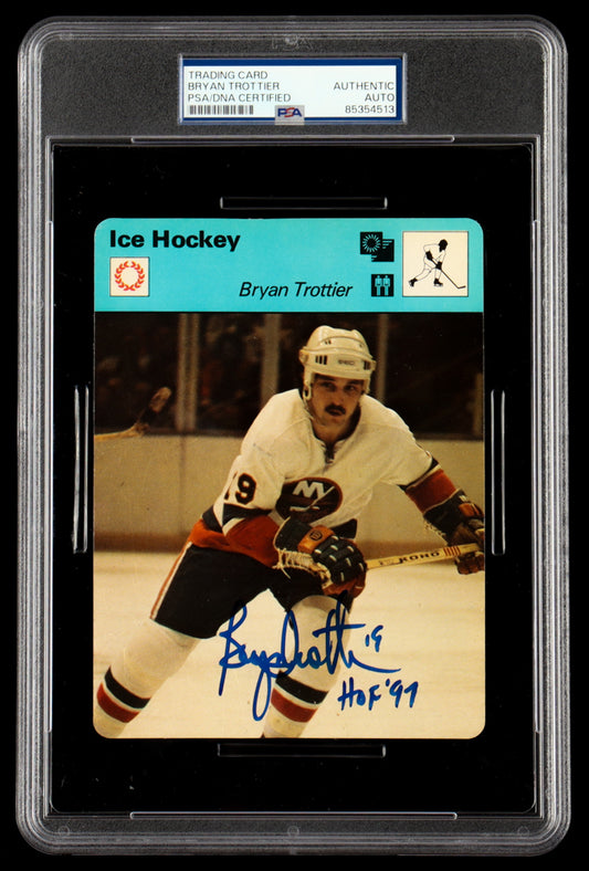 Bryan Trottier Signed 1977-79 Sportscaster Series 46 #4621 Inscribed "HOF '99" (PSA)