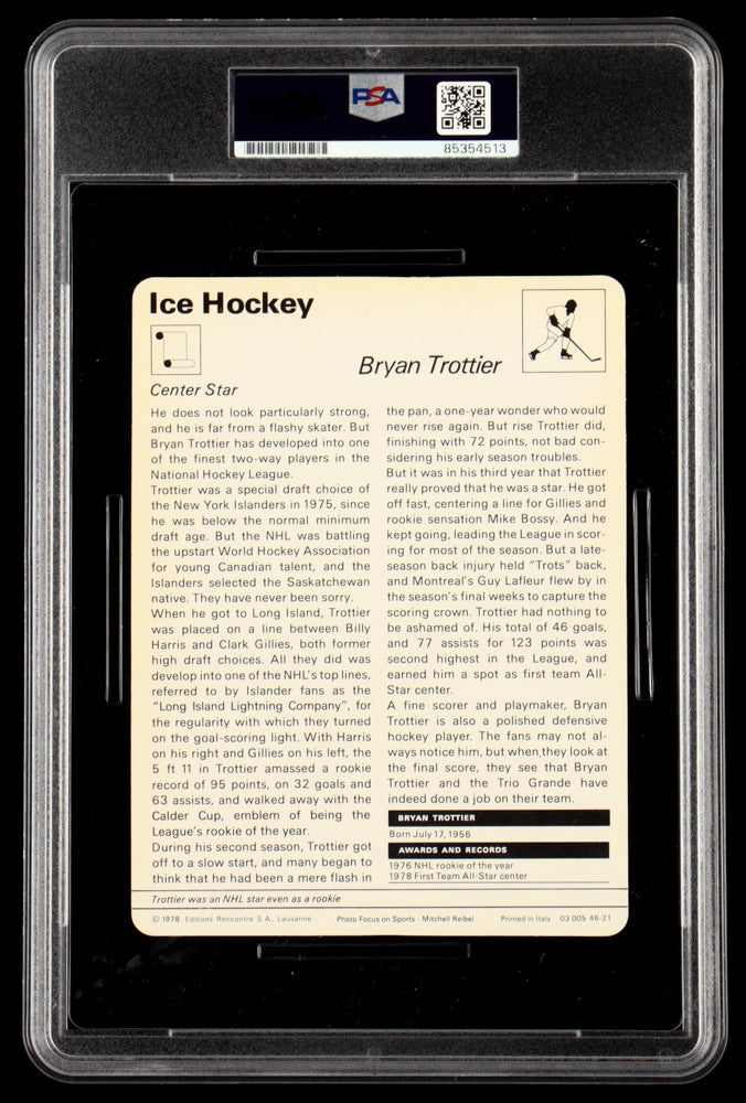 Bryan Trottier Signed 1977-79 Sportscaster Series 46 #4621 Inscribed "HOF '99" (PSA)