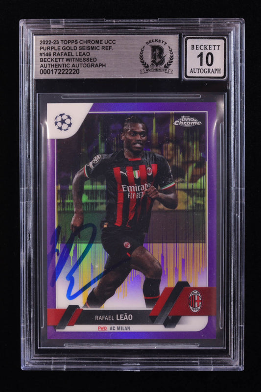 Rafael Leao Signed 2022-23 Topps Chrome UEFA Club Competitions Purple Gold Seismic Refractors #146 (BGS | Auto 10) Beckett Witnessed