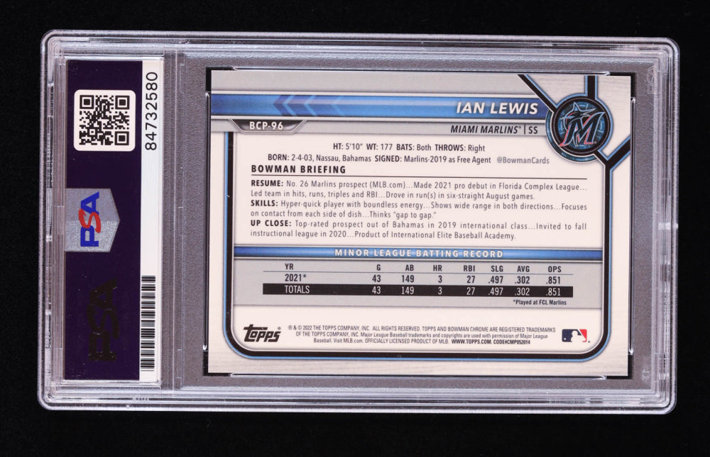 Ian Lewis Signed 2022 Bowman Chrome 1st Mega Pink Mojo #BCP96 RC #9/199 (PSA) Rookie Card | Serially Numbered #9/199