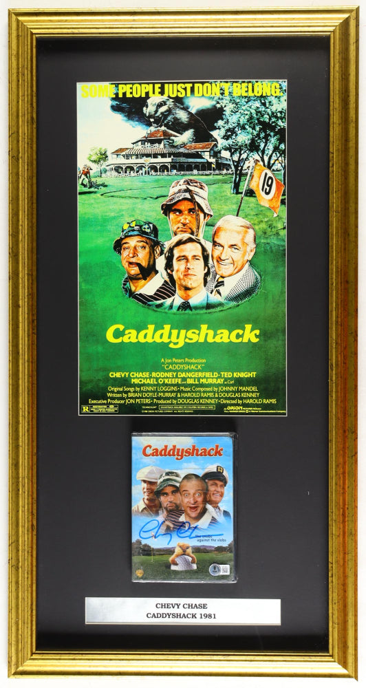 Chevy Chase Signed (Beckett) "Caddyshack" Custom Framed DVD Display With Poster Print - Beckett Witnessed