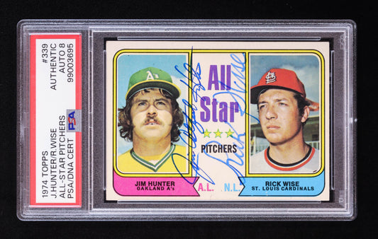 Jim "Catfish" Hunter & Rick Wise Signed 1974 Topps All-Star Pitchers #339 (PSA | Autograph Grade 8)