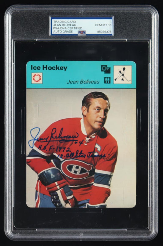 Jean Beliveau Signed 1977 Sportscaster Inscribed "HOF 1972" & "13-All Star Teams" (PSA)