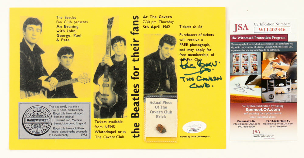 Pete Best Signed (JSA) The Cavern Club Photo Display with Brick Piece Inscribed "The Cavern Club." - JSA Witnessed - The Beatles Drummer