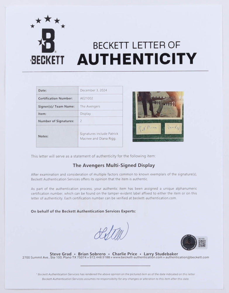 Patrick Macnee & Diana Rigg Signed (Beckett )"The Avengers" 11x14 Custom Matted Cuts Display